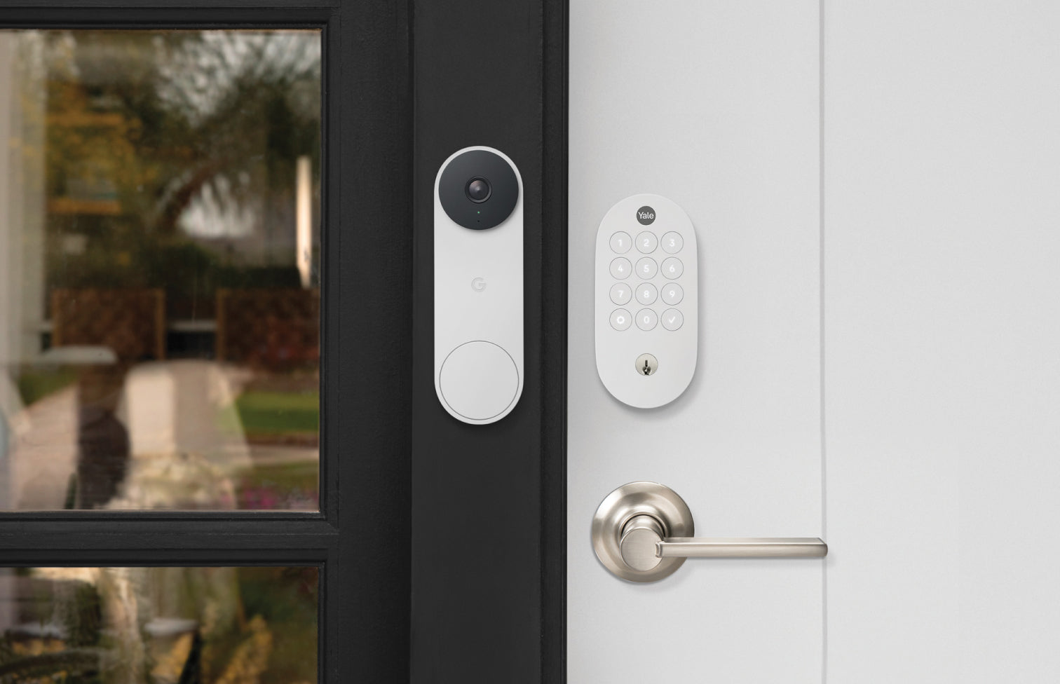 Yale Smart Lock with Matter installed beside a modern video doorbell