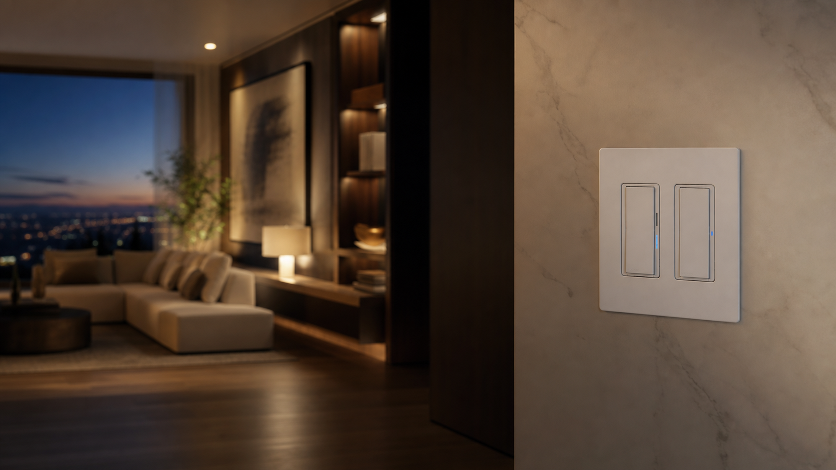 Lutron Caséta Diva smart dimmer and Claro smart switch installed in a modern home