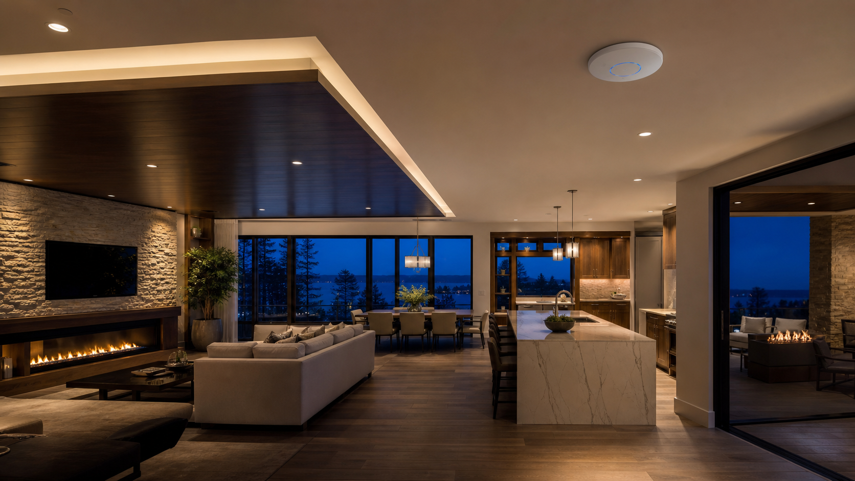 Ubiquiti UniFi U7 Pro Wi-Fi 7 access point installed on the ceiling of a modern home